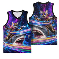 Cat Riding Shark In Space Basketball Jersey Funny Cosmic Laser Cat And Shark Surreal Sci-Fi