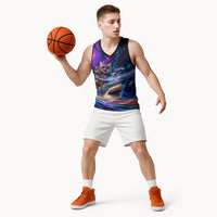 Cat Riding Shark In Space Basketball Jersey Funny Cosmic Laser Cat And Shark Surreal Sci-Fi