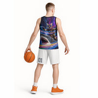 Cat Riding Shark In Space Basketball Jersey Funny Cosmic Laser Cat And Shark Surreal Sci-Fi