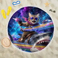 Cat Riding Shark In Space Beach Blanket Funny Cosmic Laser Cat And Shark Surreal Sci-Fi