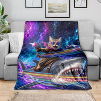 Cat Riding Shark In Space Blanket Funny Cosmic Laser Cat And Shark Surreal Sci-Fi