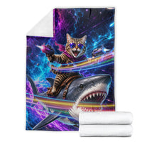 Cat Riding Shark In Space Blanket Funny Cosmic Laser Cat And Shark Surreal Sci-Fi