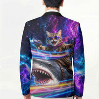 Cat Riding Shark In Space Blazer Funny Cosmic Laser Cat And Shark Surreal Sci-Fi