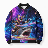 Cat Riding Shark In Space Bomber Puffer Jacket Funny Cosmic Laser Cat And Shark Surreal Sci-Fi