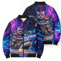 Cat Riding Shark In Space Bomber Puffer Jacket Funny Cosmic Laser Cat And Shark Surreal Sci-Fi