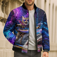 Cat Riding Shark In Space Bomber Puffer Jacket Funny Cosmic Laser Cat And Shark Surreal Sci-Fi