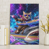 Cat Riding Shark In Space Canvas Wall Art Funny Cosmic Laser Cat And Shark Surreal Sci-Fi