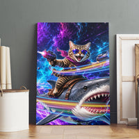 Cat Riding Shark In Space Canvas Wall Art Funny Cosmic Laser Cat And Shark Surreal Sci-Fi