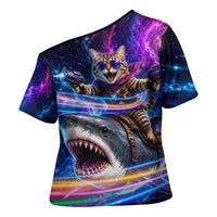 Cat Riding Shark In Space Cross Shoulder Shirt Funny Cosmic Laser Cat And Shark Surreal Sci-Fi