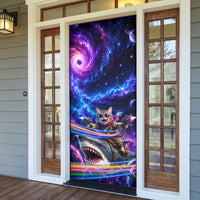 Cat Riding Shark In Space Door Cover Funny Cosmic Laser Cat And Shark Surreal Sci-Fi