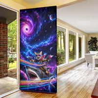 Cat Riding Shark In Space Door Cover Funny Cosmic Laser Cat And Shark Surreal Sci-Fi