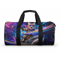 Cat Riding Shark In Space Duffle Bag Funny Cosmic Laser Cat And Shark Surreal Sci-Fi