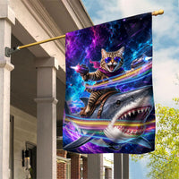 Cat Riding Shark In Space Garden Flag Funny Cosmic Laser Cat And Shark Surreal Sci-Fi