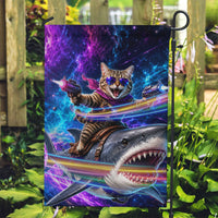 Cat Riding Shark In Space Garden Flag Funny Cosmic Laser Cat And Shark Surreal Sci-Fi