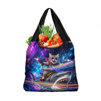Cat Riding Shark In Space Grocery Bag Funny Cosmic Laser Cat And Shark Surreal Sci-Fi