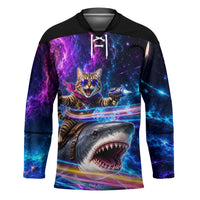 Cat Riding Shark In Space Hockey Jersey Funny Cosmic Laser Cat And Shark Surreal Sci-Fi