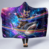 Cat Riding Shark In Space Hooded Blanket Funny Cosmic Laser Cat And Shark Surreal Sci-Fi