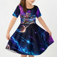Cat Riding Shark In Space Kid Short Sleeve Dress Funny Cosmic Laser Cat And Shark Surreal Sci-Fi