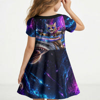 Cat Riding Shark In Space Kid Short Sleeve Dress Funny Cosmic Laser Cat And Shark Surreal Sci-Fi