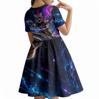 Cat Riding Shark In Space Kid Short Sleeve Dress Funny Cosmic Laser Cat And Shark Surreal Sci-Fi