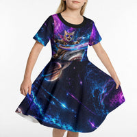 Cat Riding Shark In Space Kid Short Sleeve Dress Funny Cosmic Laser Cat And Shark Surreal Sci-Fi