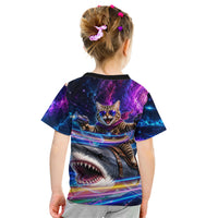 Cat Riding Shark In Space Kid T Shirt Funny Cosmic Laser Cat And Shark Surreal Sci-Fi