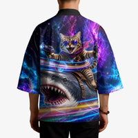 Cat Riding Shark In Space Kimono Funny Cosmic Laser Cat And Shark Surreal Sci-Fi