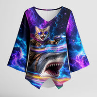 Cat Riding Shark In Space Kimono Sleeve Blouse Funny Cosmic Laser Cat And Shark Surreal Sci-Fi