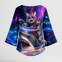 Cat Riding Shark In Space Kimono Sleeve Blouse Funny Cosmic Laser Cat And Shark Surreal Sci-Fi