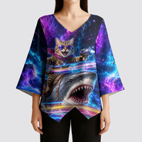 Cat Riding Shark In Space Kimono Sleeve Blouse Funny Cosmic Laser Cat And Shark Surreal Sci-Fi