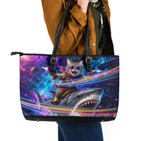 Cat Riding Shark In Space Leather Tote Bag Funny Cosmic Laser Cat And Shark Surreal Sci-Fi