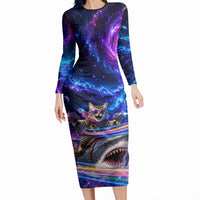 Cat Riding Shark In Space Long Sleeve Bodycon Dress Funny Cosmic Laser Cat And Shark Surreal Sci-Fi