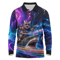 Cat Riding Shark In Space Long Sleeve Polo Shirt Funny Cosmic Laser Cat And Shark Surreal Sci-Fi