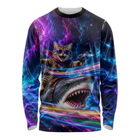 Cat Riding Shark In Space Long Sleeve Shirt Funny Cosmic Laser Cat And Shark Surreal Sci-Fi