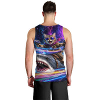 Cat Riding Shark In Space Men Tank Top Funny Cosmic Laser Cat And Shark Surreal Sci-Fi