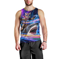 Cat Riding Shark In Space Men Tank Top Funny Cosmic Laser Cat And Shark Surreal Sci-Fi