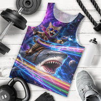 Cat Riding Shark In Space Men Tank Top Funny Cosmic Laser Cat And Shark Surreal Sci-Fi