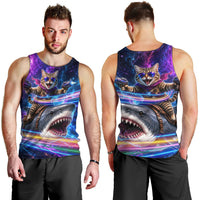 Cat Riding Shark In Space Men Tank Top Funny Cosmic Laser Cat And Shark Surreal Sci-Fi