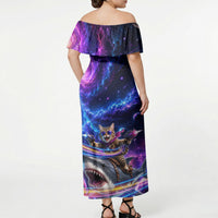 Cat Riding Shark In Space Off Shoulder Maxi Dress Funny Cosmic Laser Cat And Shark Surreal Sci-Fi