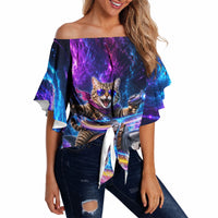 Cat Riding Shark In Space Off Shoulder Wrap Waist Top Funny Cosmic Laser Cat And Shark Surreal Sci-Fi