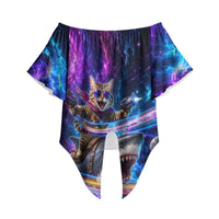 Cat Riding Shark In Space Off Shoulder Wrap Waist Top Funny Cosmic Laser Cat And Shark Surreal Sci-Fi