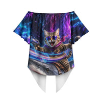 Cat Riding Shark In Space Off Shoulder Wrap Waist Top Funny Cosmic Laser Cat And Shark Surreal Sci-Fi