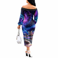 Cat Riding Shark In Space Off The Shoulder Long Sleeve Dress Funny Cosmic Laser Cat And Shark Surreal Sci-Fi
