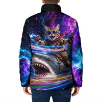 Cat Riding Shark In Space Padded Jacket Funny Cosmic Laser Cat And Shark Surreal Sci-Fi