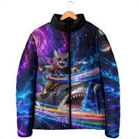 Cat Riding Shark In Space Padded Jacket Funny Cosmic Laser Cat And Shark Surreal Sci-Fi