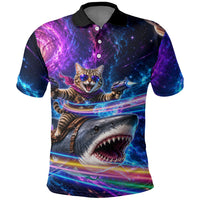 Cat Riding Shark In Space Polo Shirt Funny Cosmic Laser Cat And Shark Surreal Sci-Fi