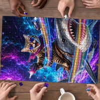 Cat Riding Shark In Space Puzzle Funny Cosmic Laser Cat And Shark Surreal Sci-Fi