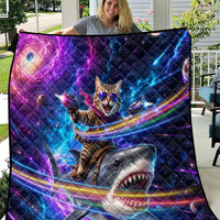 Cat Riding Shark In Space Quilt Funny Cosmic Laser Cat And Shark Surreal Sci-Fi