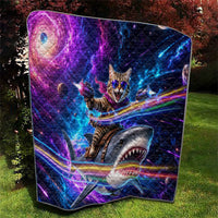 Cat Riding Shark In Space Quilt Funny Cosmic Laser Cat And Shark Surreal Sci-Fi