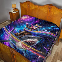 Cat Riding Shark In Space Quilt Funny Cosmic Laser Cat And Shark Surreal Sci-Fi